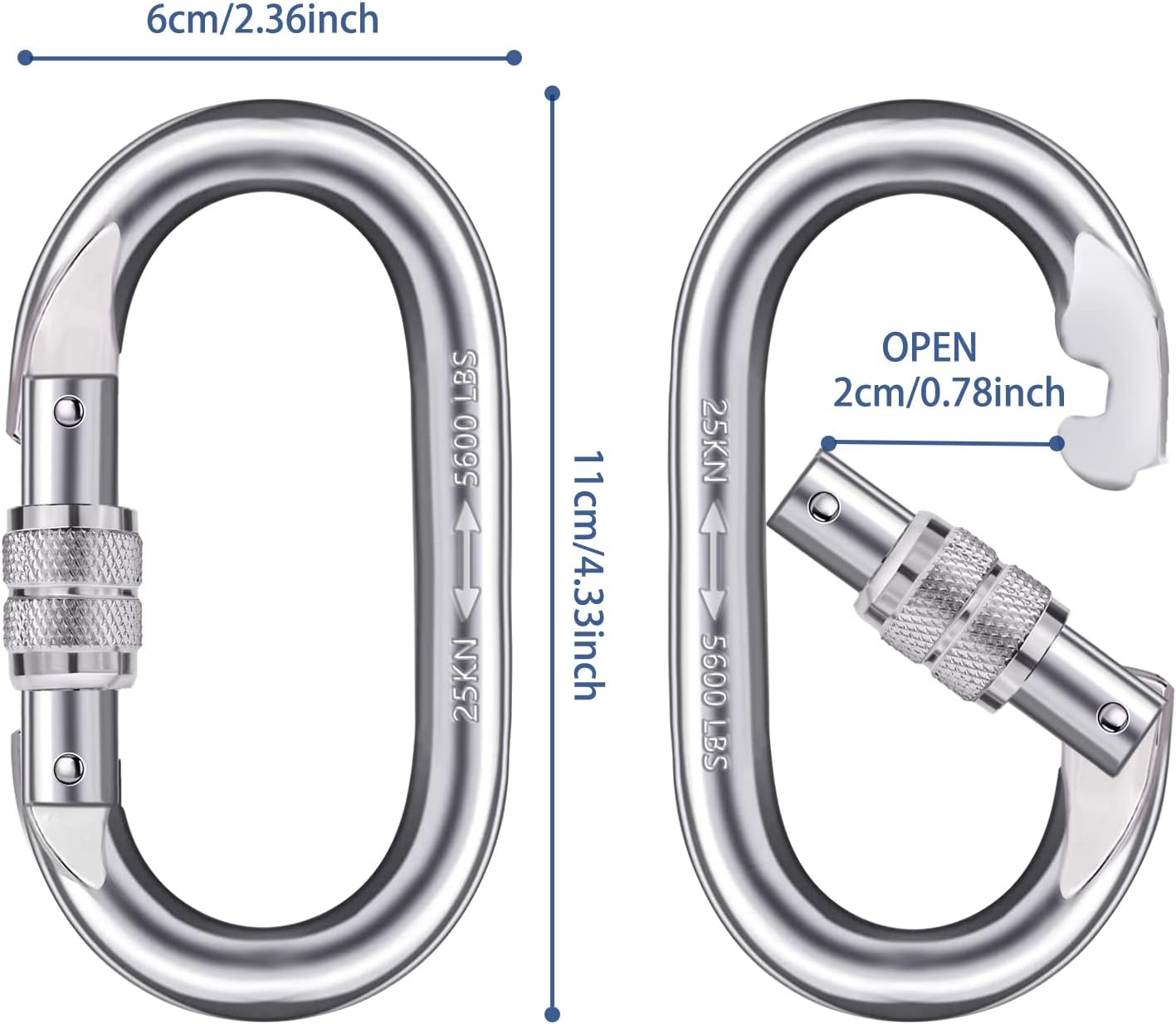 Robuster Karabiner-Clip, Kletterkarabiner, 25 kn (5600 lbs), Haken mit Schraubverschluss, vielseitig einsetzbar für Klettern, Takelage, Seile, Hängematten (O-Form)